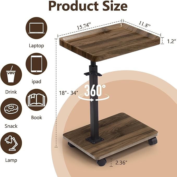 Aoligrace C Table End Table Adjustable Height, 360° Swivel Side Table - Image 2