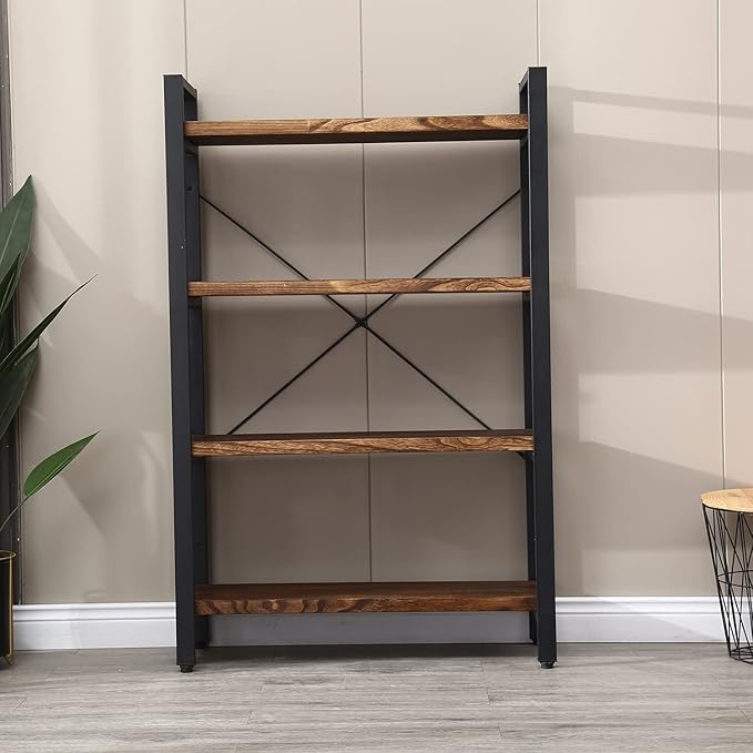 Solid Wood Bookshelf, 4-Tier Rustic Vintage Industrial Etagere Bookcase - Image 8