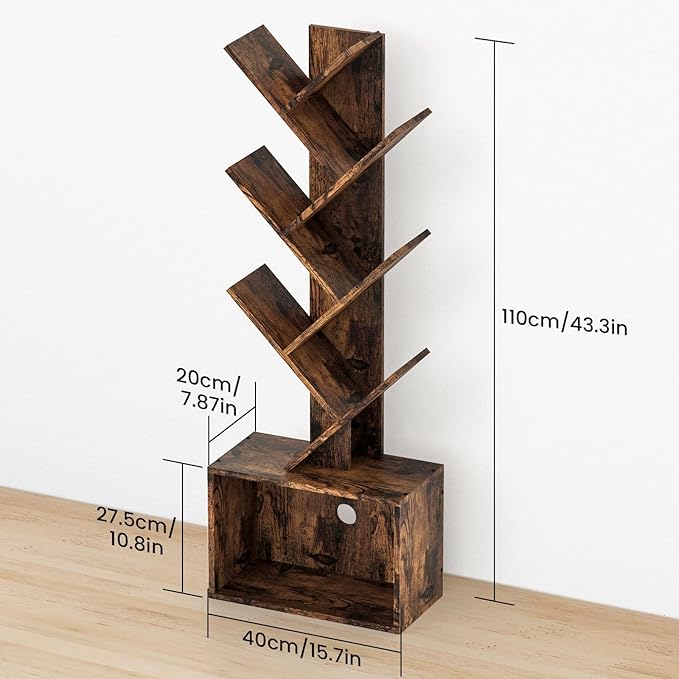 6 Tier Tree Bookshelf, Sturdy Retro Floor Standing Wood Bookcase, Storage Rack - Image 3