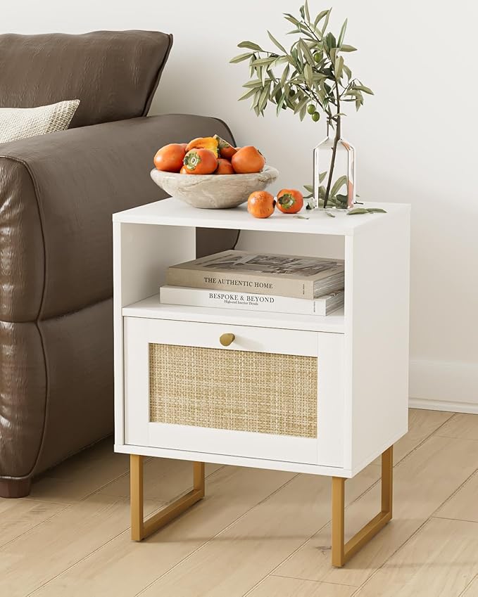 Rattan Nightstand, Boho Night Stand Farmhouse Wood Bedside Table - Image 3