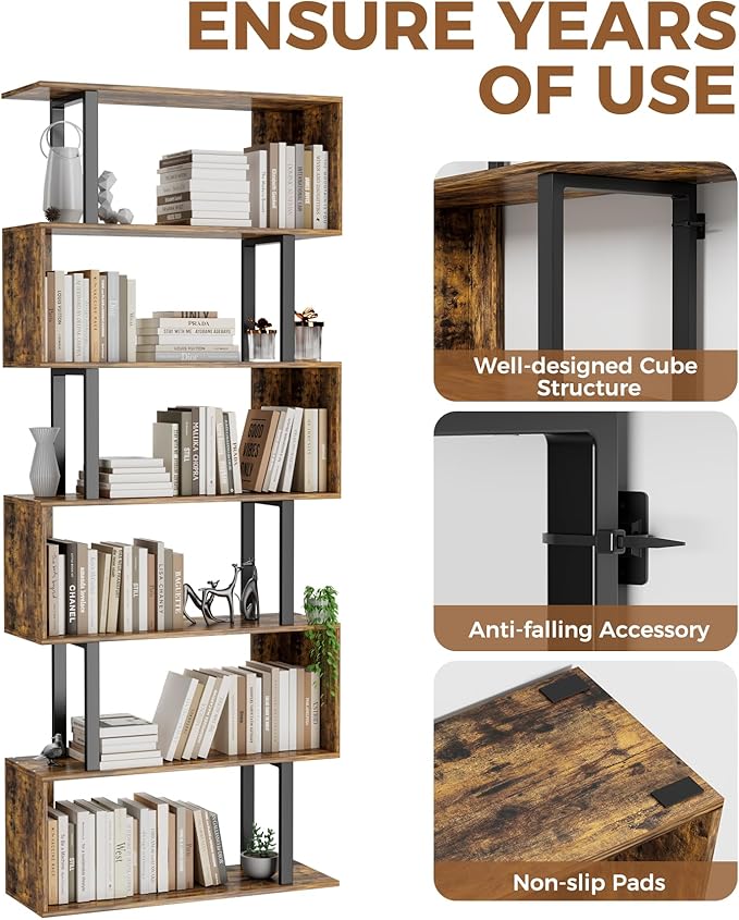 Gadroad 6 Tier Geometric Bookcase, S Shaped Bookshelf, Wood Decorative Storage - Image 6