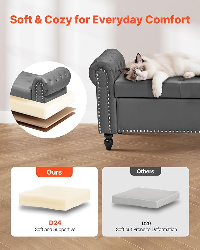 VEVOR Button-Tufted Storage Ottoman Bench, Rolled Arm PU Leather Bench - Image 6