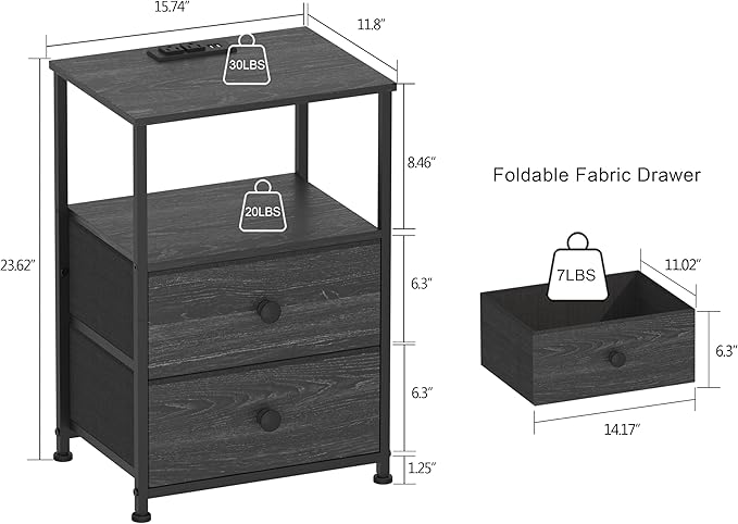 Tohomeor End Table with Charging Station, LED Light, Fabric Drawers, and USB - Image 2