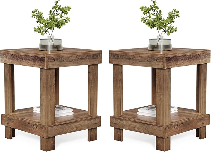 LITTLE TREE End Table Set of 2, All Wooden 2-Tier Square Side Table by LITTLETREE