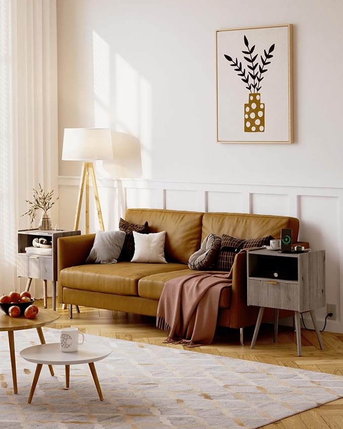 Nightstand with Outlet, Modern Bedside Table with Storage Drawer and Open Wood - Image 6