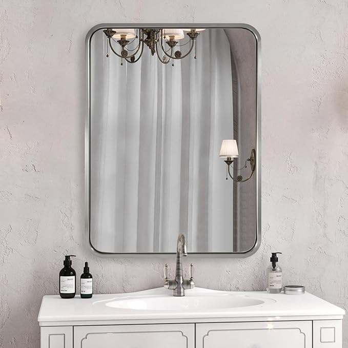ANDY STAR 24x32 INCH Brushed Nickel Mirror, Rounded Rectangle Silver Metal by ANDYSTAR