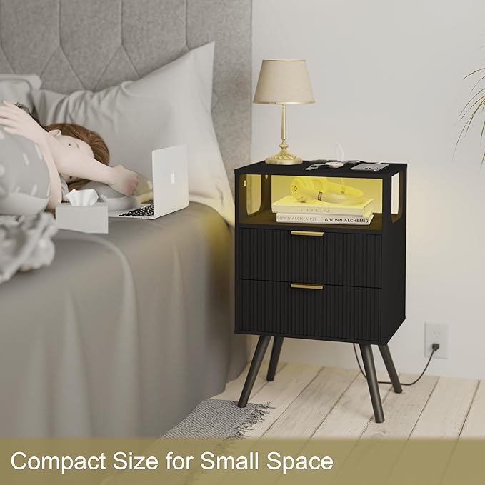 Black Nightstand with Charging Station and LED Lights, Modern Bedside Table - Image 4
