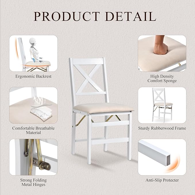 COLAMY Folding Dining Chairs Set of 4 – White Wooden Dining Room Chairs - Image 4