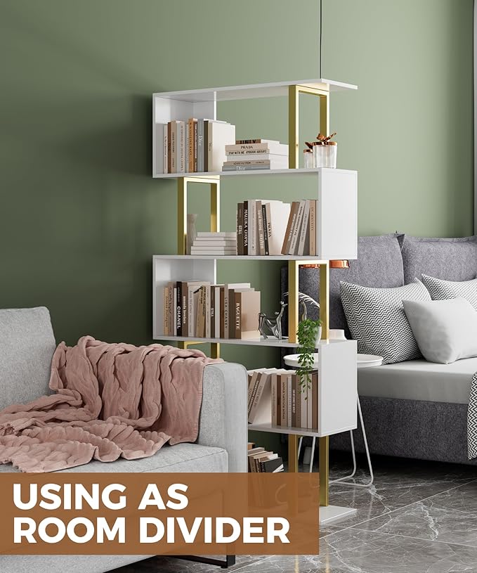 Gadroad 5 Tier Geometric Bookcase, S Shaped Bookshelf, Wood Decorative Storage - Image 5