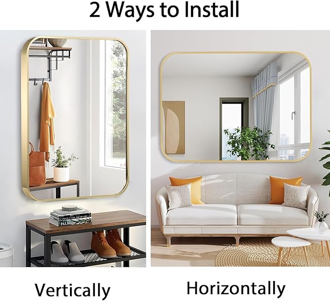 16x20 Inch Gold Bathroom Mirror, Brushed Brass Gold Metal Framed Rectangular - Image 4