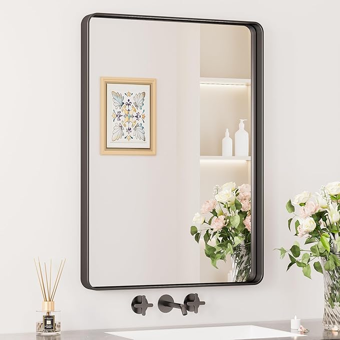 Keonjinn Black Bathroom Mirror, 22 x 30 Inch Rounded Rectangle Matte Black by Keonjinn