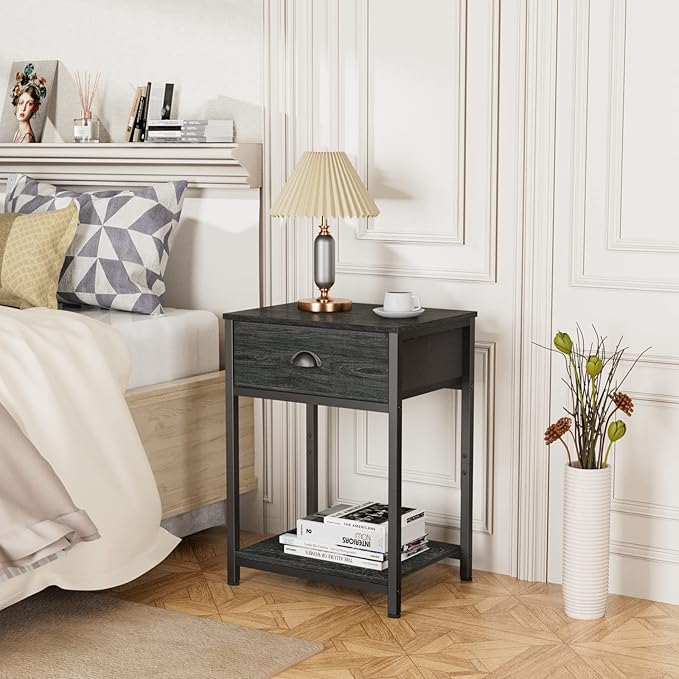 Furologee Nightstand with Fabric Drawer & Storage Shelf, Small Bedside Table - Image 9