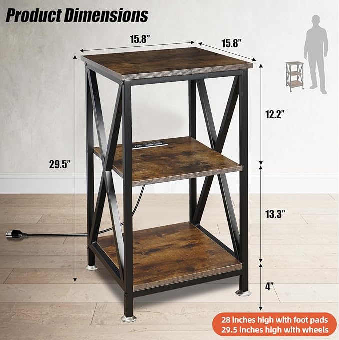 Square End Table with Charging Station, 3-Tier End Table Living Room, Wood and - Image 3