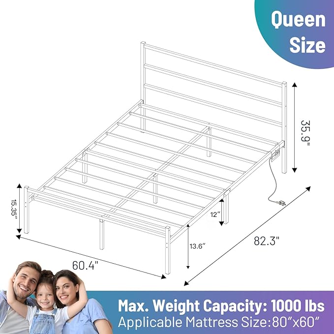 Queen Bed Frame with Headboard, Heavy Duty Steel Slats Support-LED Bed Frame - Image 2