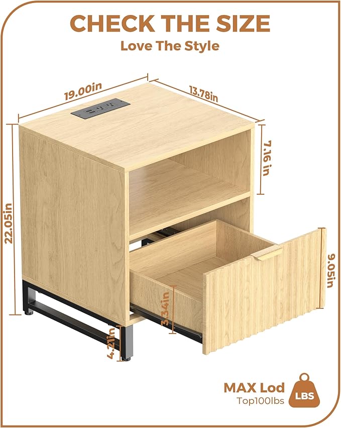 Fluted Night Stand Set 2 with Charging Station, Wood Nightstand with Large - Image 3