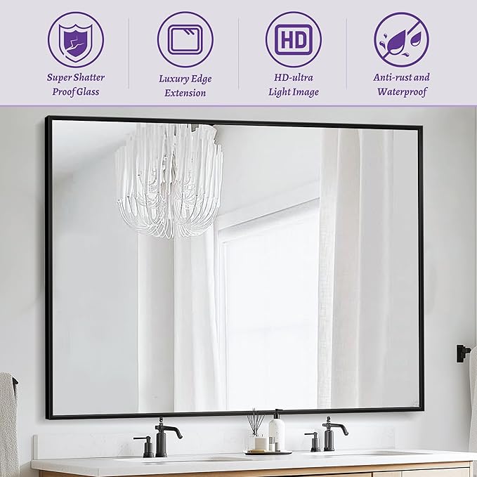 Bathroom Mirror, Rectangular Aluminum Alloy Frame Contemporary Hanging Mirror - Image 4