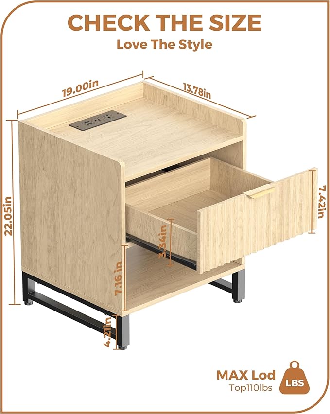 Fluted Night Stand with Charging Station, Wood Nightstand with Large Drawer and - Image 2