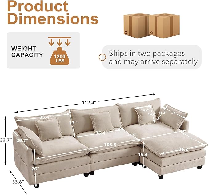 Furniliving 112‘’ L-Shaped Sofa, Luxury Chenille Modular Sectional Couches - Image 2