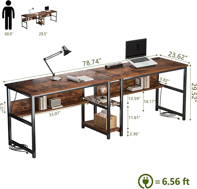 78.74" Two Person Desk with 2 Power Strips, Double Desk with Shelves, Long - Image 2
