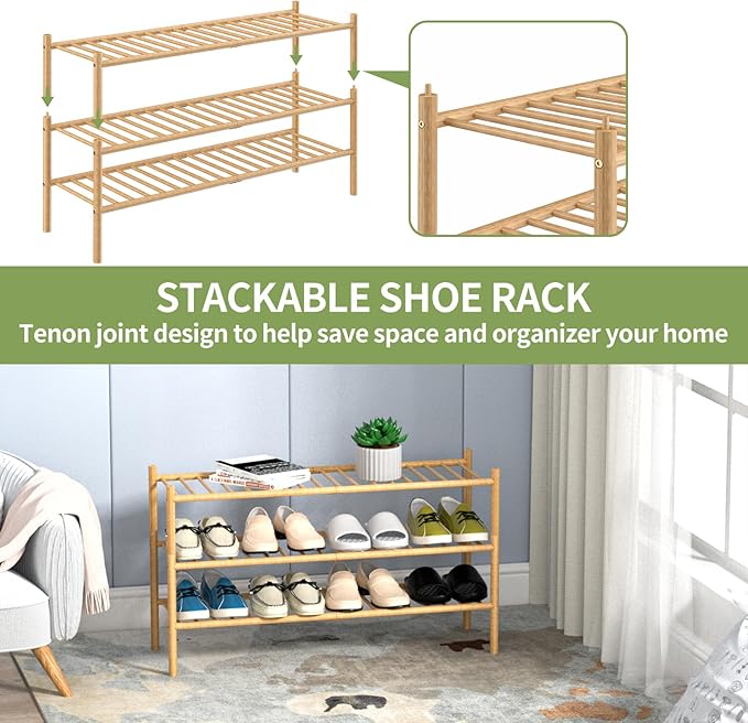 3-Tier Bamboo Long Shoe Rack, Free Standing Wood Shoe Shelf Storage Organizer - Image 6