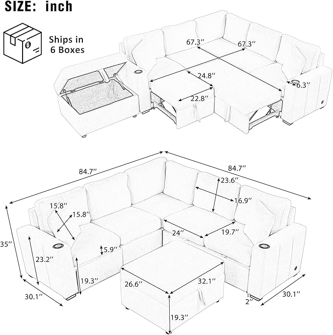 84.7" Symmetrical Convertible Sleeper Sectional Sofa Couch Bed - Image 2