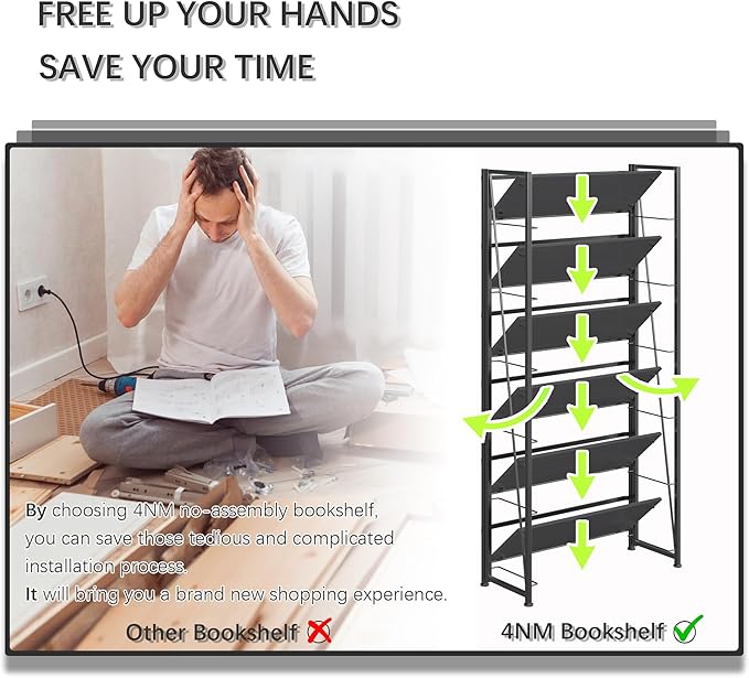 4NM No Assembly Folding Bookshelf, 6-Shelf 74" H Collapsible Foldable Bookcase - Image 7