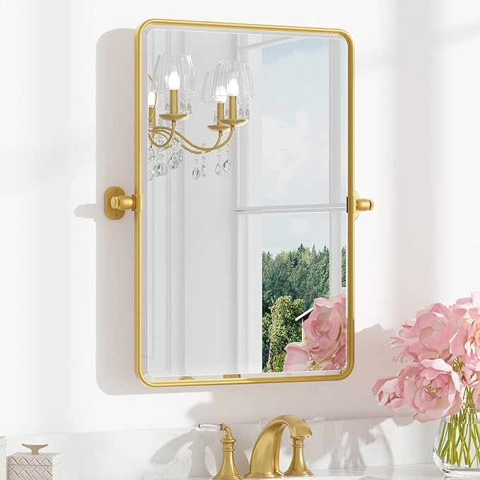 Keonjinn Brushed Gold Pivot Mirror Bathroom, 20x30 in Tilt Mirror Bathroom by Keonjinn