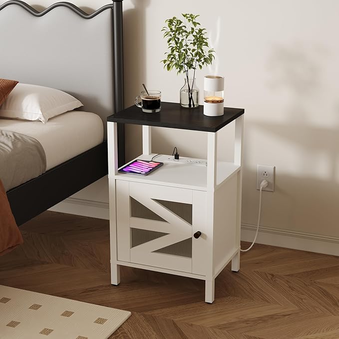 Farmhouse Nightstand with Charging Station, End Table with Storage, Side Table - Image 2