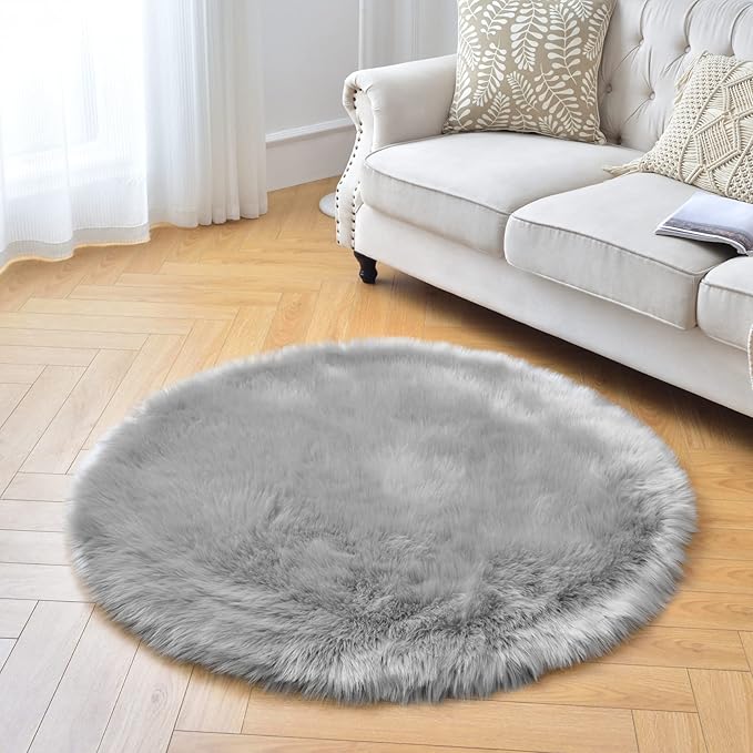 duduta Grey Faux Sheepskin Round Rug 4x4 ft, Fluffy Shag Fur Bedroom Nursery - Image 5