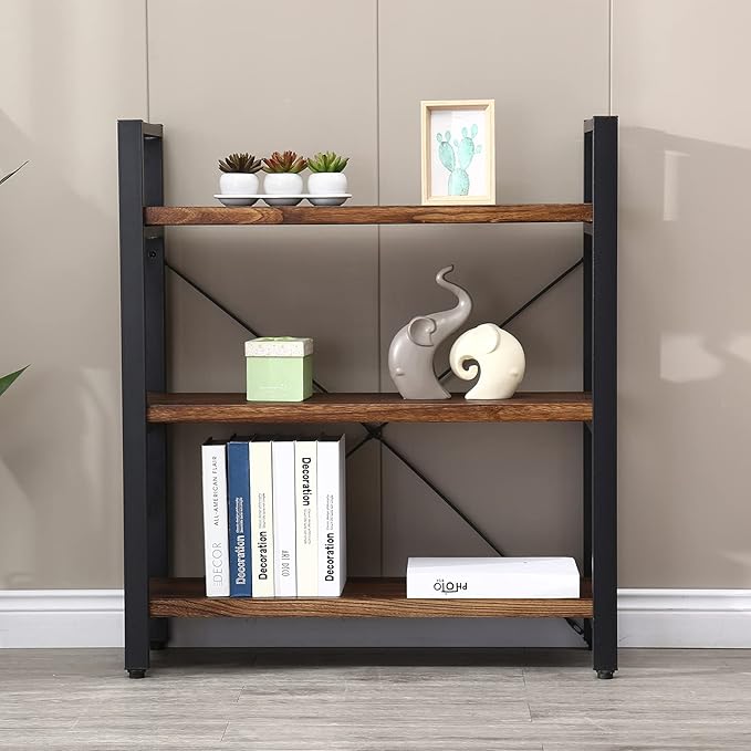Natural Real Solid Wood Bookcase, 3 Tier Metal and Wood Open Book Shelf Storage - Image 7
