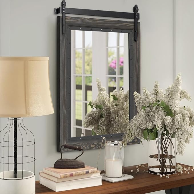 YOSHOOT Farmhouse Barn Door Mirror, Wood Frame Wall Mirror, Wooden Mirror - Image 3