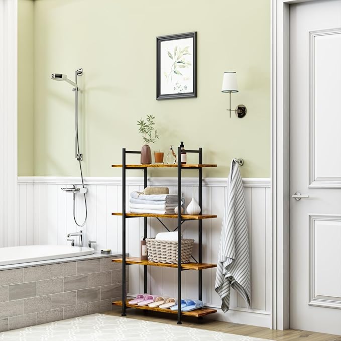 4 Tiers Bookshelf Rustic Brown Wooden Storage Shelf, Industrial Shelf Book - Image 9