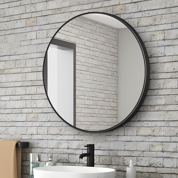 34inch Bathroom Round Mirror, Wall Mounted Vanity Mirror, Steel Frame, Steel - Image 3