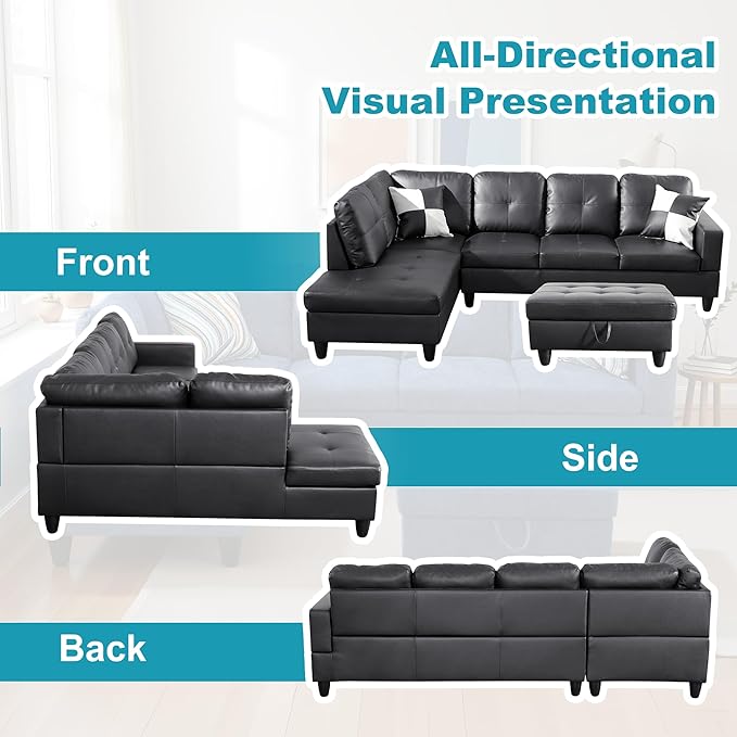 L Shaped Couch Faux Leather Sectional Couch Upholstered 3 Pieces Sofas - Image 6
