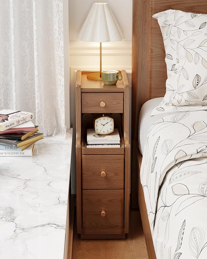 Narrow Nightstand with 3 Drawers, Solid Wood Small Nightstand Walnut, Modern by AQIMUELE-Solidwoodfurniture
