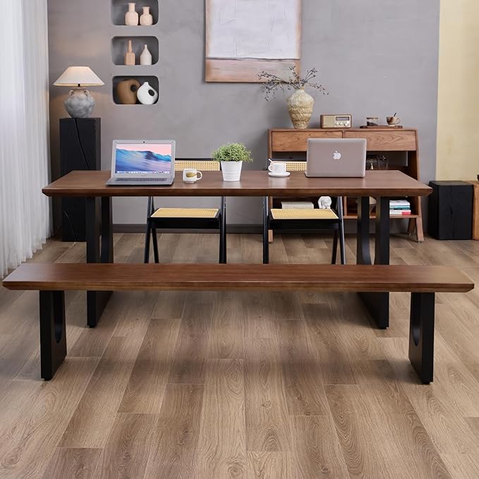 Walnut Color Long Bench Solid Wood Top Metal Legs U-Shaped Design Durable - Image 8