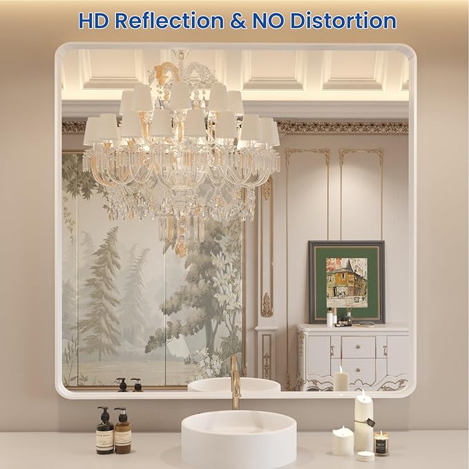 WEER White Bathroom Mirror 36X36 Inch, Rounded Rectangle White Metal Frame - Image 2