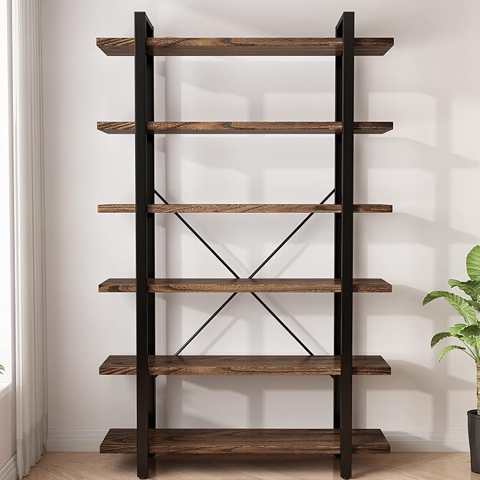 Solid Wood Bookcase and Book Shelves Wood and Metal Shelving Unit 6 Tier - Image 6