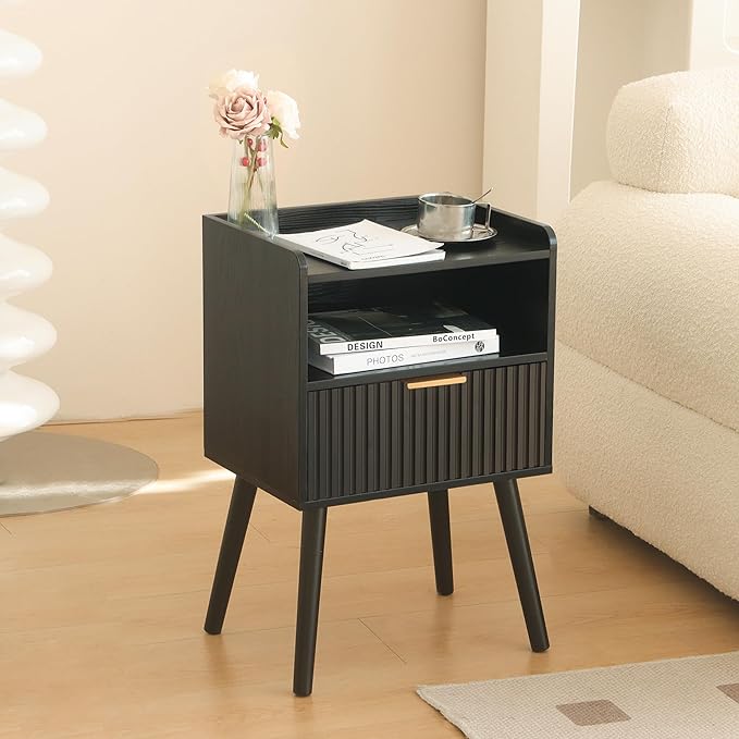 AWASEN Black Fluted Nightstand, Modern Bedside Table - Image 2