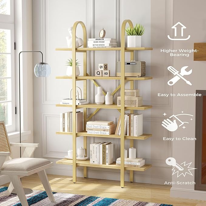 Wide Bookshelf Arched Bookcase, Industrial 5 Tier 72" Tall Freestanding Heavy - Image 3