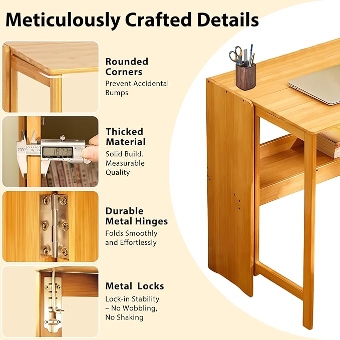 39.37" Bamboo Folding Desk, Space-Saving Computer Desk - Image 5