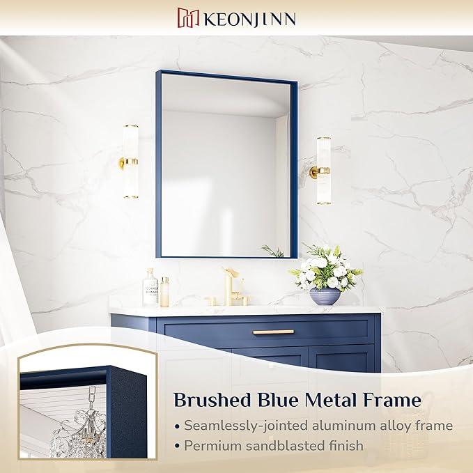 Keonjinn 30 x 36 Inch Blue Bathroom Mirror Metal Frame Navy Blue Wall Mirror - Image 6