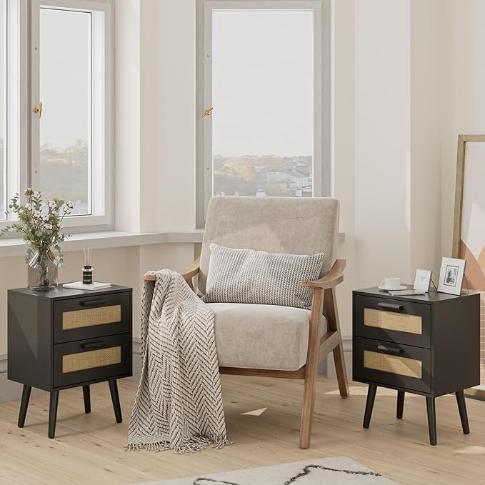 Masupu Rattan Night Stand, Modern nightstand Boho Bedside Table - Image 3