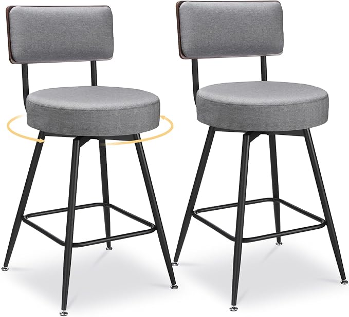 Counter Height Bar Stools, Round Swivel Bar Chair, Fabric Upholstered Barstools by FLYZC