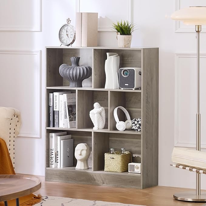 LEYAOYAO 7 Cube Bookshelf with Base, 3 Tier Mid-Century Modern Grey Bookcase - Image 8