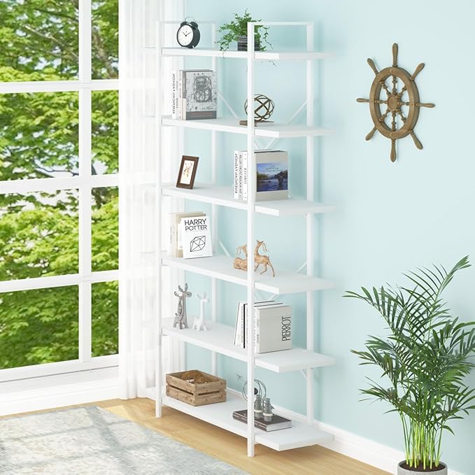 HSH 6 Tier Tall White Bookshelf, Industrial Modern Vertical Metal and Wood - Image 9