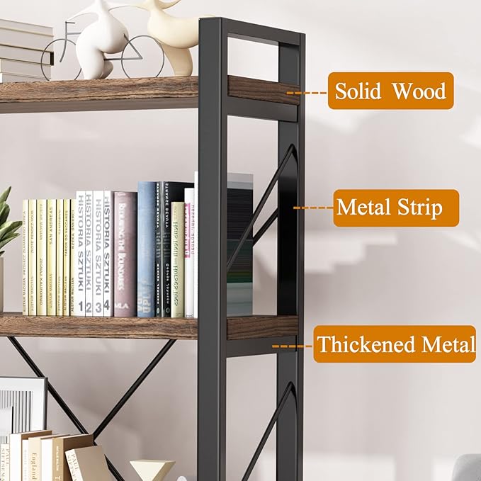 5 Tier Bookshelf Rustic Solid Wood Industrial Style Bookcase, Metal and Real - Image 3