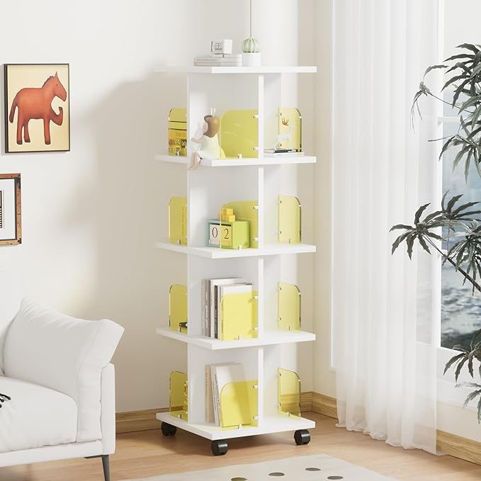 VECELO 4-Tier Rotating Bookshelf on Wheels, Revolving Bookcase Tower, Mobile - Image 2