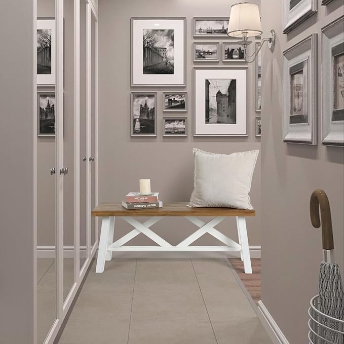 Wnutrees 43" Farmhouse Wood Bench, Rustic Solid Wood Entryway Bench Seat - Image 4
