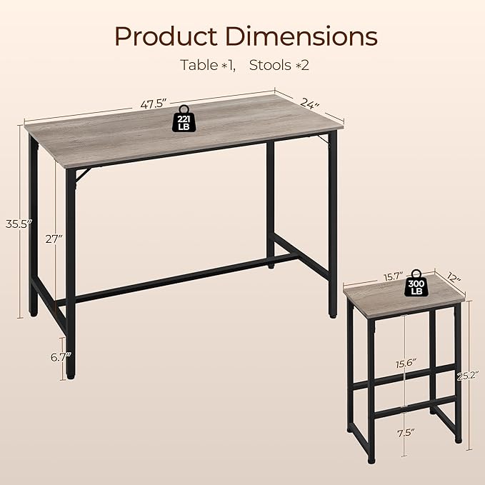 Yaheetech 3 Piece Dining Table Set, 47.5" Industrial Pub Table Set, Counter - Image 3